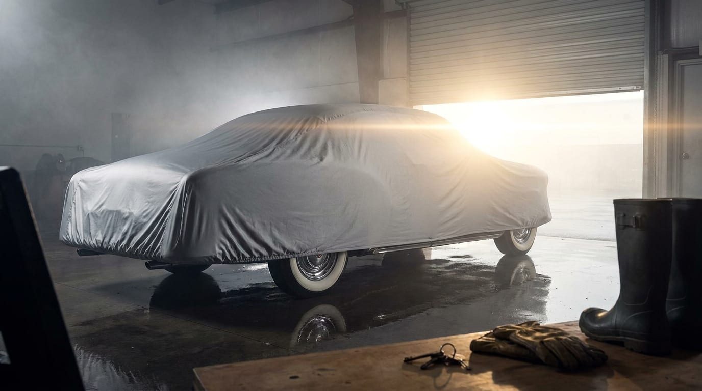 A classic car with whitewall tires under a silver cover in a garage, light coming through the open door, boots and gloves by the bench.