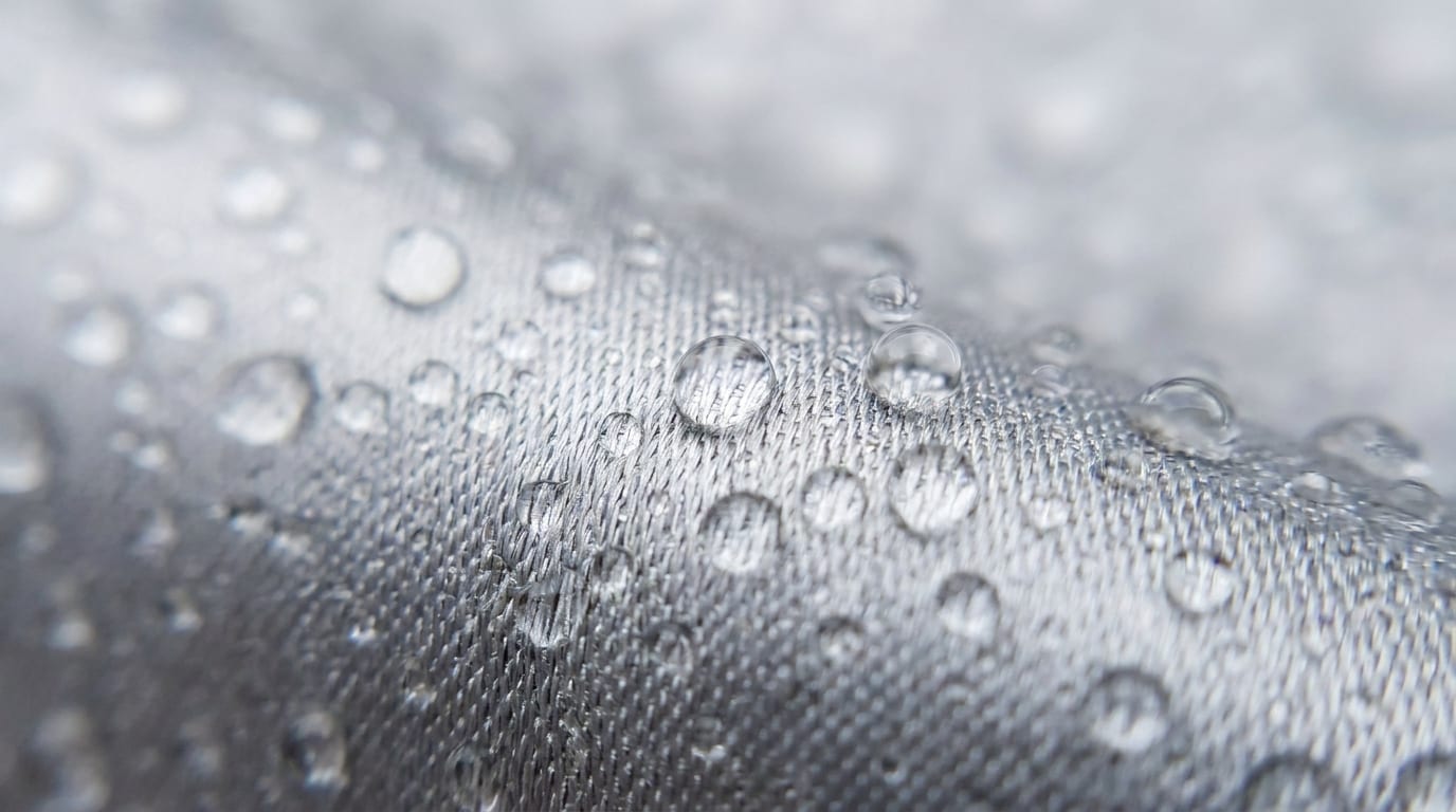 Water beading on the woven silver fabric of a car cover