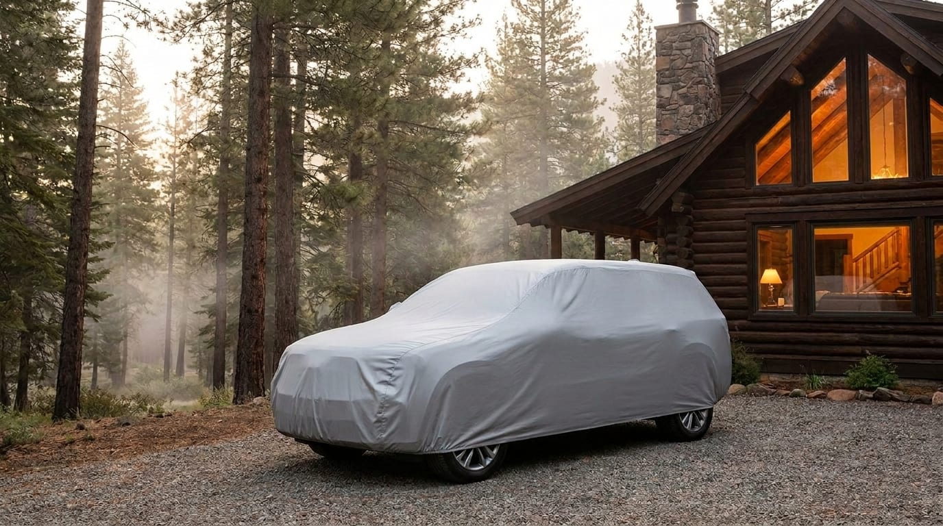A covered SUV parked on a gravel drive among tall pines, a log cabin behind it