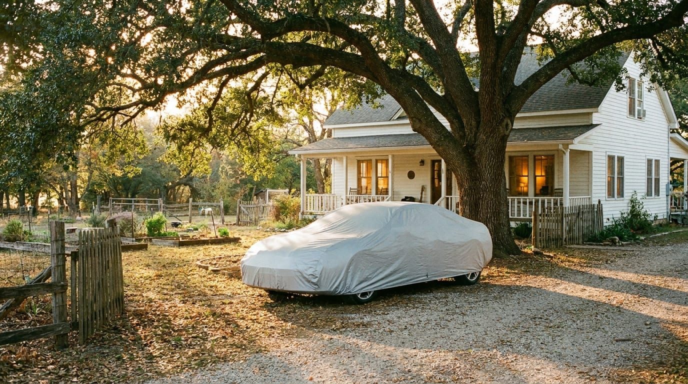 A covered sedan parked under the spreading branches of a big shade tree beside a white farmhouse