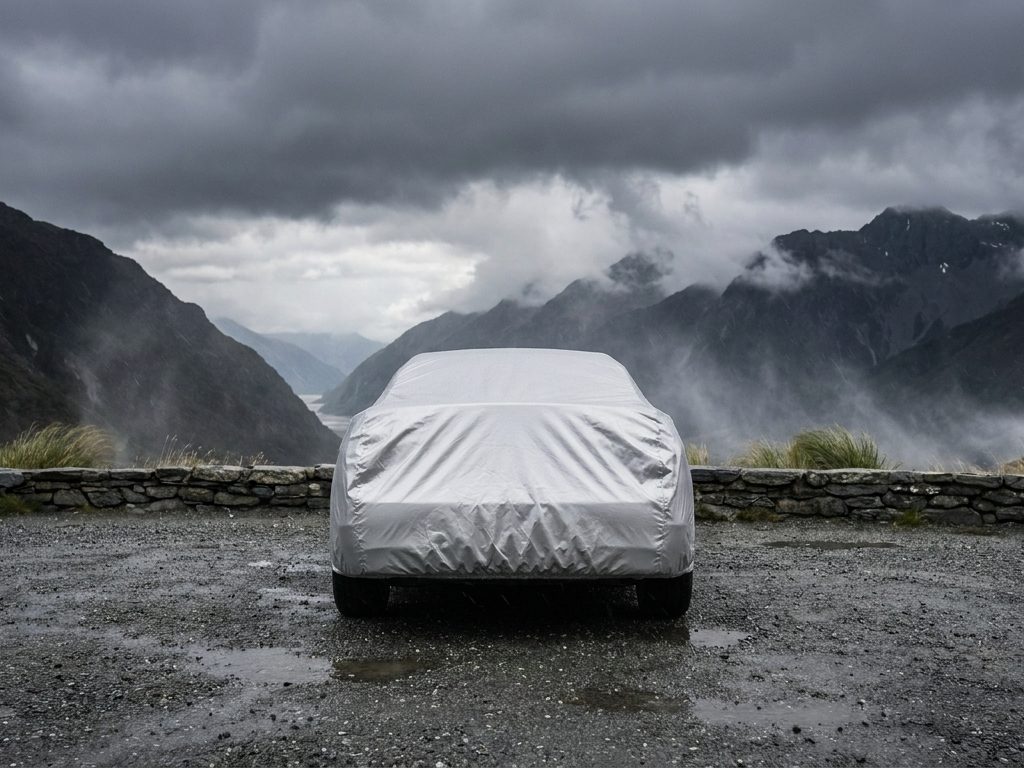 A silver-covered wagon seen from directly behind on a gravel pull-out high on a mountain pass, heavy storm cloud over the valley