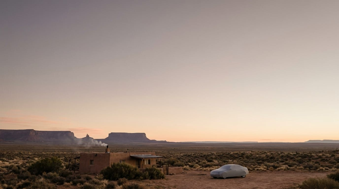 A covered car outside an adobe house on a wide desert plain at dusk