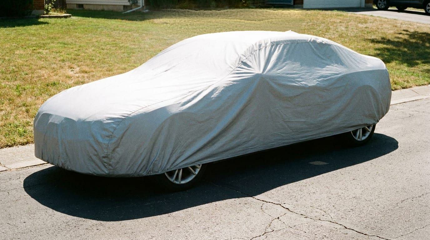 A sedan under a light grey cover parked on a sunny residential street.